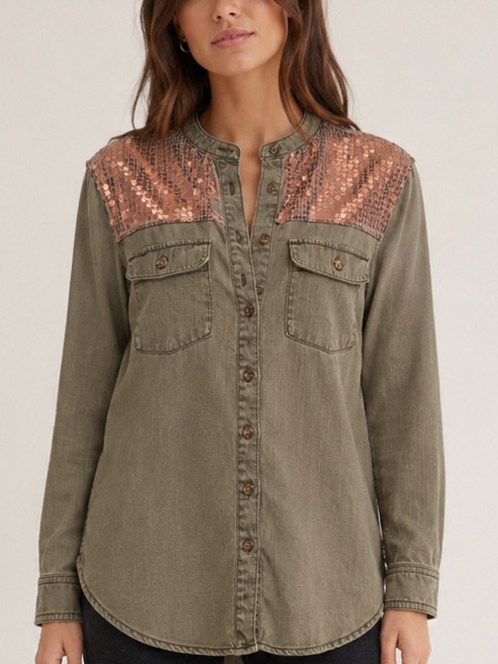 Anthropologie Olive Sequin Utility Button Up Top (Size S)